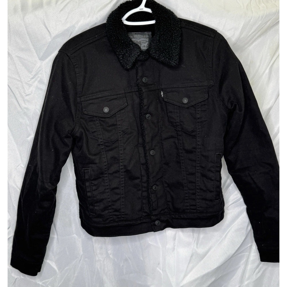 Levi's‎ Womens Sherpa Trucker Jacket Medium Black Denim Button Up Pockets